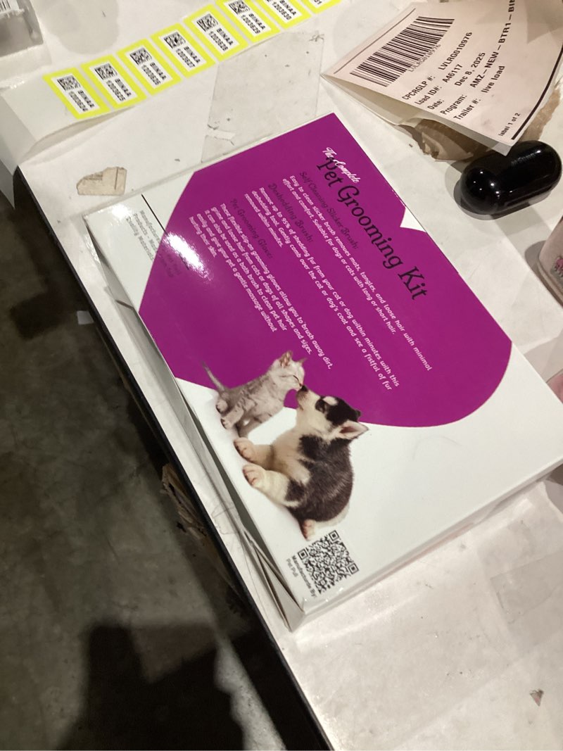 Condition photo showing New/Like New for Complete Professional Pet Grooming Kit With Hair Removal Tool, Gloves, Self Cleaning Slicker Brush, and Pro Dog Deshedder Comb to Reduce Shedding (Pink)