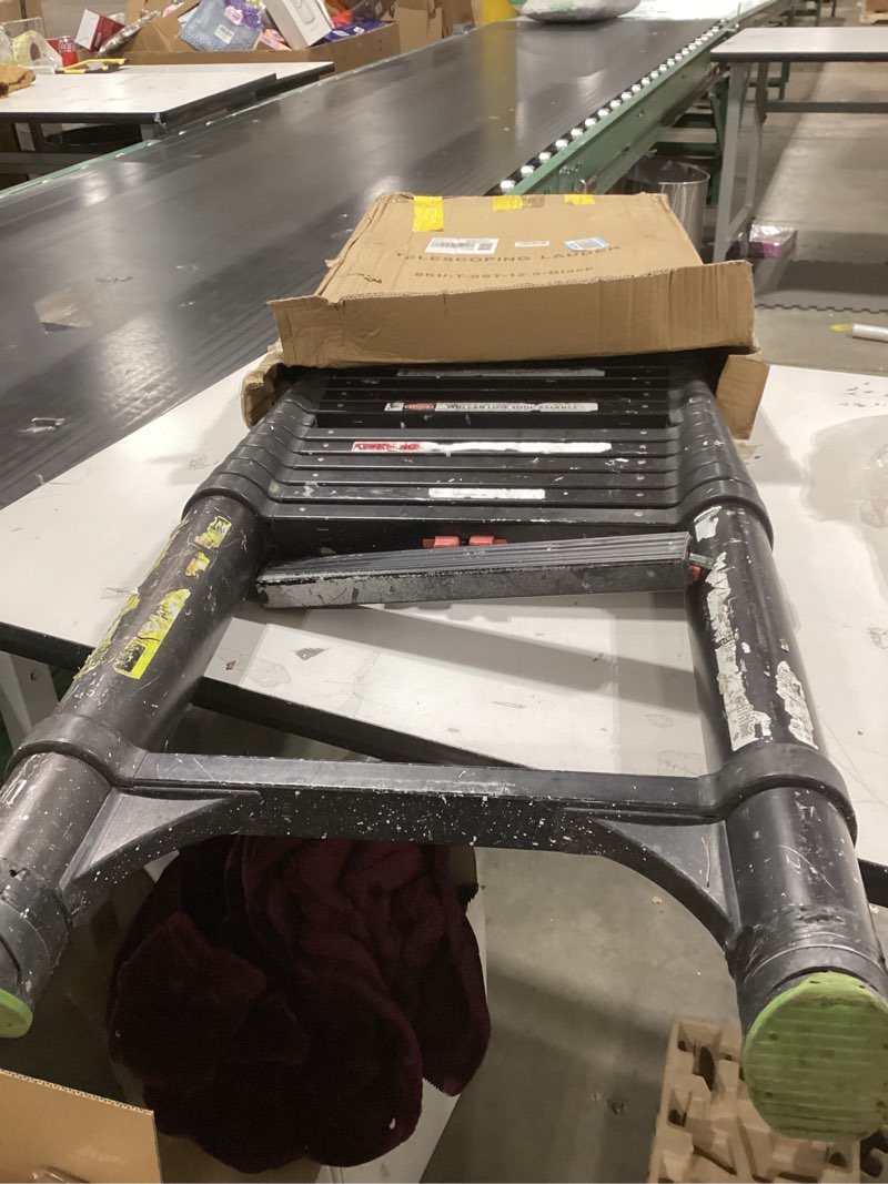 Condition photo showing As Is for BOCOM 12.5 FT Aluminum Telescoping Ladder, Lightweight Multi-Purpose Collapsible Extension with 2 Triangle Stabilizers, Heavy Duty 330 lbs Max Capacity, Ideal for Home, RV, and Outdoor Work Black Black 12.5 Ft