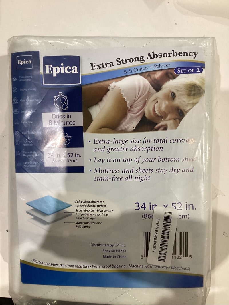 Condition photo showing New/Like New for Epica Bed Pads Washable Waterproof - 34"x52" (Pack of 2) Incontinence Bed Pads for Adults, Waterproof matterss pad to Protect Bed from Stains, Bed wetting Pads for Home & Hospital Use (300 Washes) White 34"x52" (300 Washes) Pack of 2