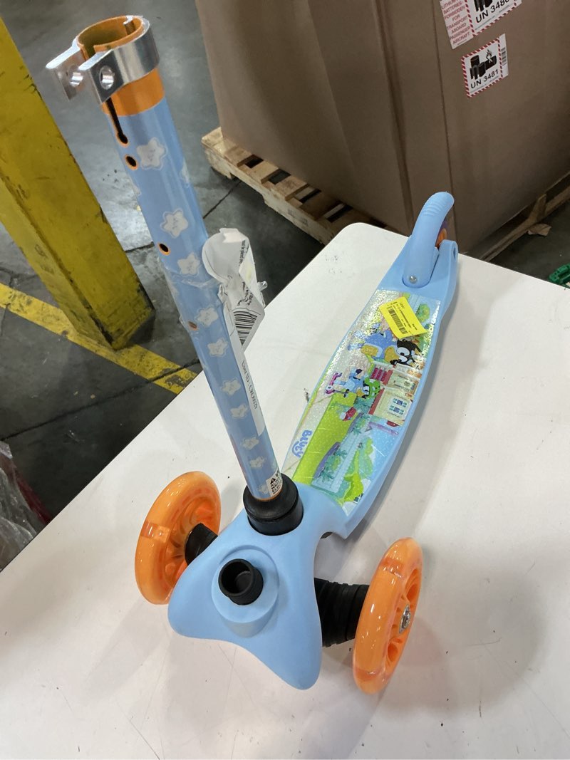 Condition photo showing As Is for bluey 3d kick scooter for kids, self-balancing 3 wheeled light up scooter with extra wide anti-slip deck, rear brake, lean to steer, lightweight design, for kids 3 and up, 75 lb limit