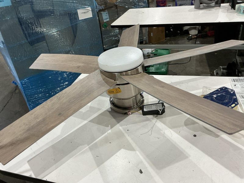 Condition photo showing As Is for 1k+ views last week harbor breeze bristle 44-in brushed nickel with silver/burnished maple blades led flush mount