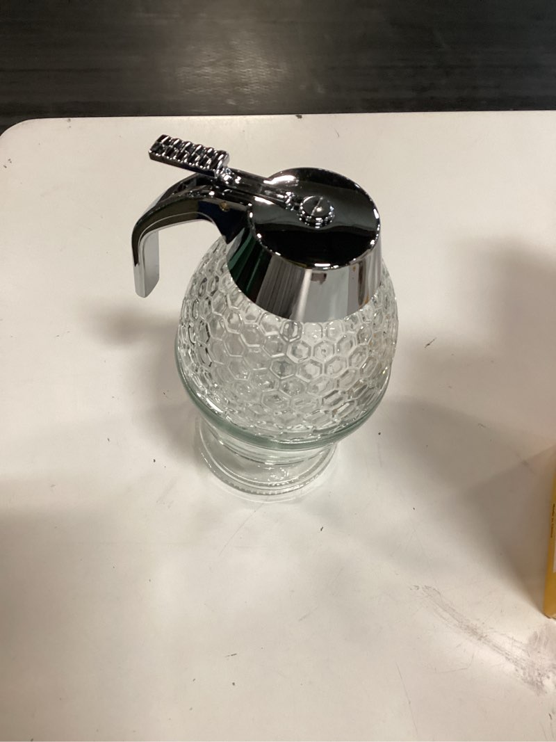 Condition photo showing As Is for hunnibi 8oz no drip glass honey dispenser with plastic top - honeycomb-style syrup server and bee-themed storage jar with stand - 6"