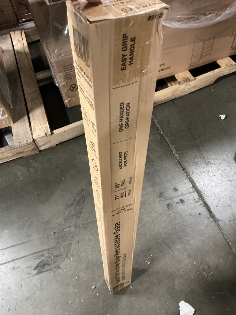 Condition photo showing New/Like New for perma child safety 71" wide x 41" tall retractable baby gate - 3123 - gray