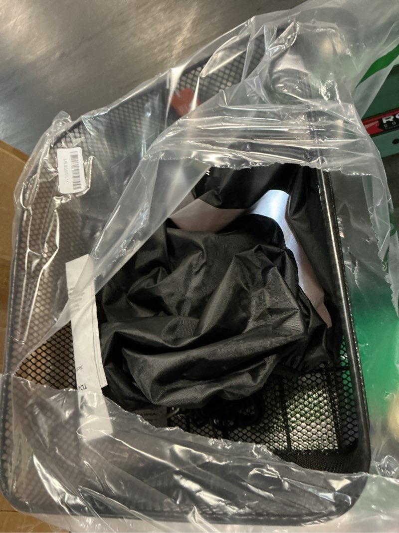 Condition photo showing As Is for vevor rear bike basket, wire mesh bicycle basket with cargo net & waterproof cover, durable metal bike back basket, fits most rear bike racks, mounting tools included