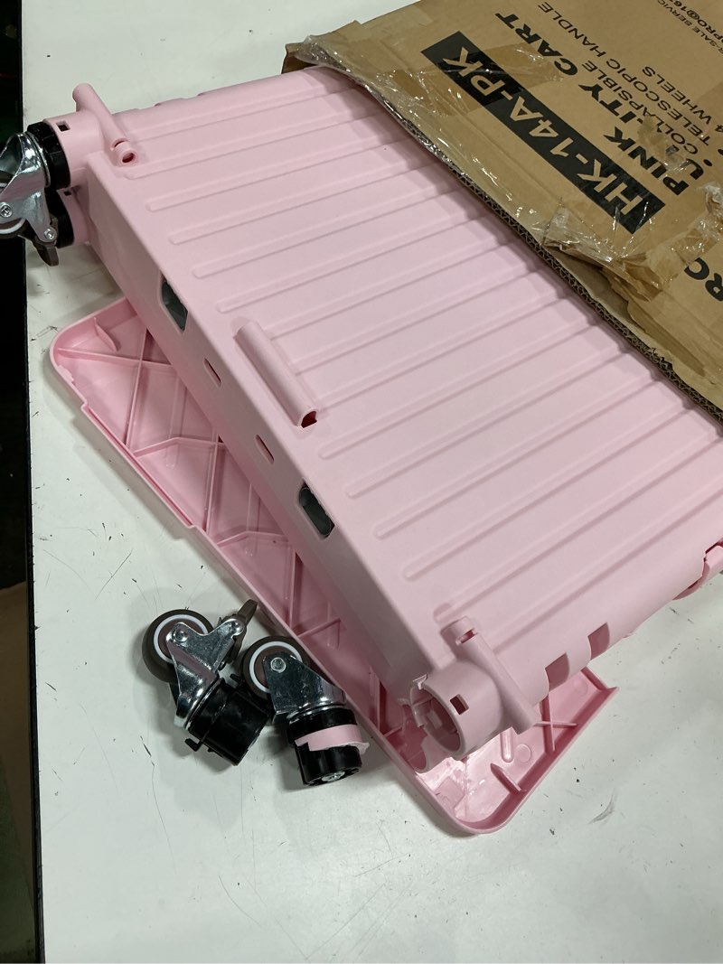 Condition photo showing Good Condition for folding utility cart portable rolling crate handcart shopping trolley collapsible tool box, with lid, basket on 4 rotate wheels, for grocery, shopping, office, teacher (pink)