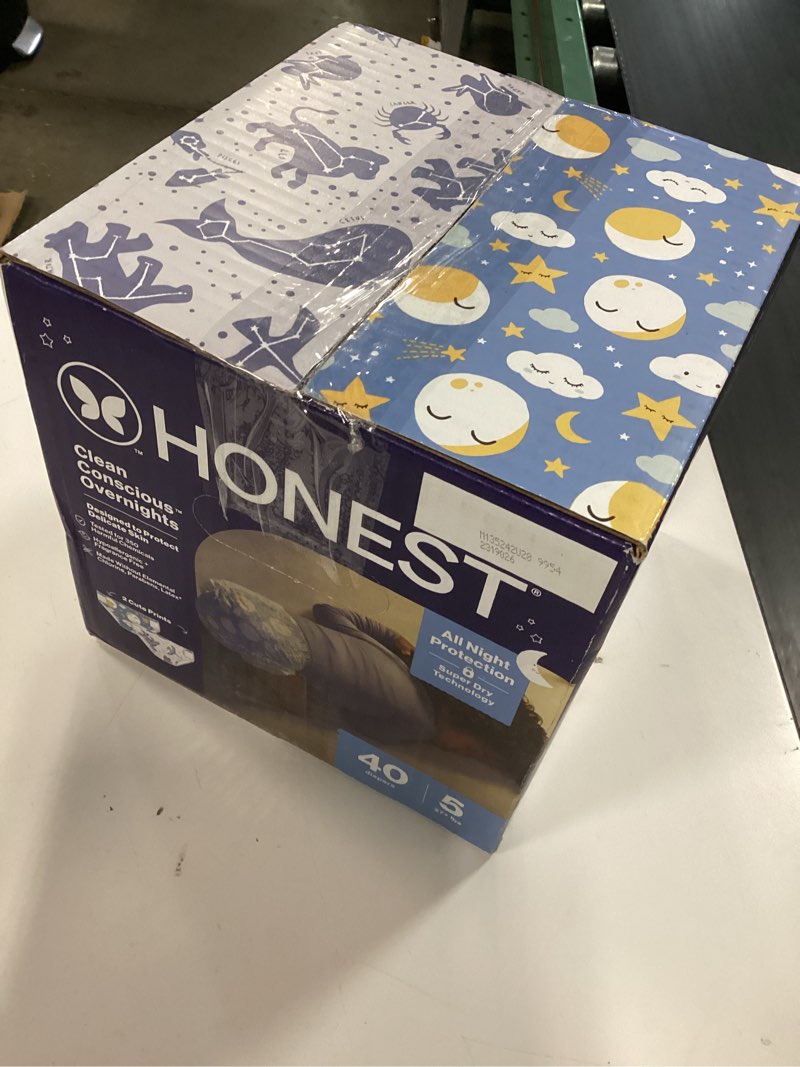 Condition photo showing New/Like New for the honest company comfort dry disposable overnight diapers for sensitive skin, hypoallergenic, baby cozy cloud and star signs design club box size 5 (27 lbs) 40 count size 5 40