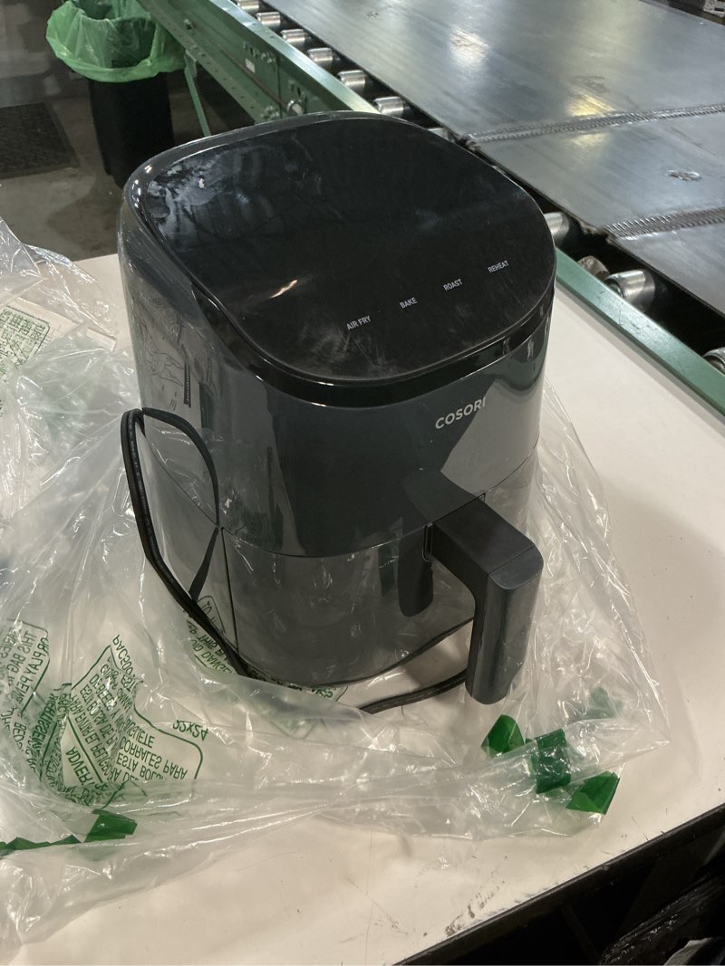 Condition photo showing As Is for cosori air fryer 2.1 qt, small & mini 4-in-1 airfryer ideal for simple meals and snack, easy to leftover food to crispy, up to 97% less oil, 30 in-app recipes, nonstick & dishwasher-safe basket grey 2.1 qt