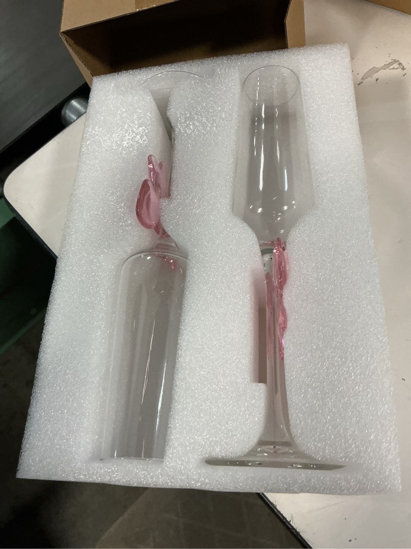 Condition photo showing New/Like New for 2 Pcs Cute Pink Bow Glass Cups 8oz Coquette Champagne Fashioned Glasses Clear Reinforced Stems and Romantic Pink Bow for Weddings Engagements Party Gifts(Flat Bottom)(Cute Feet)