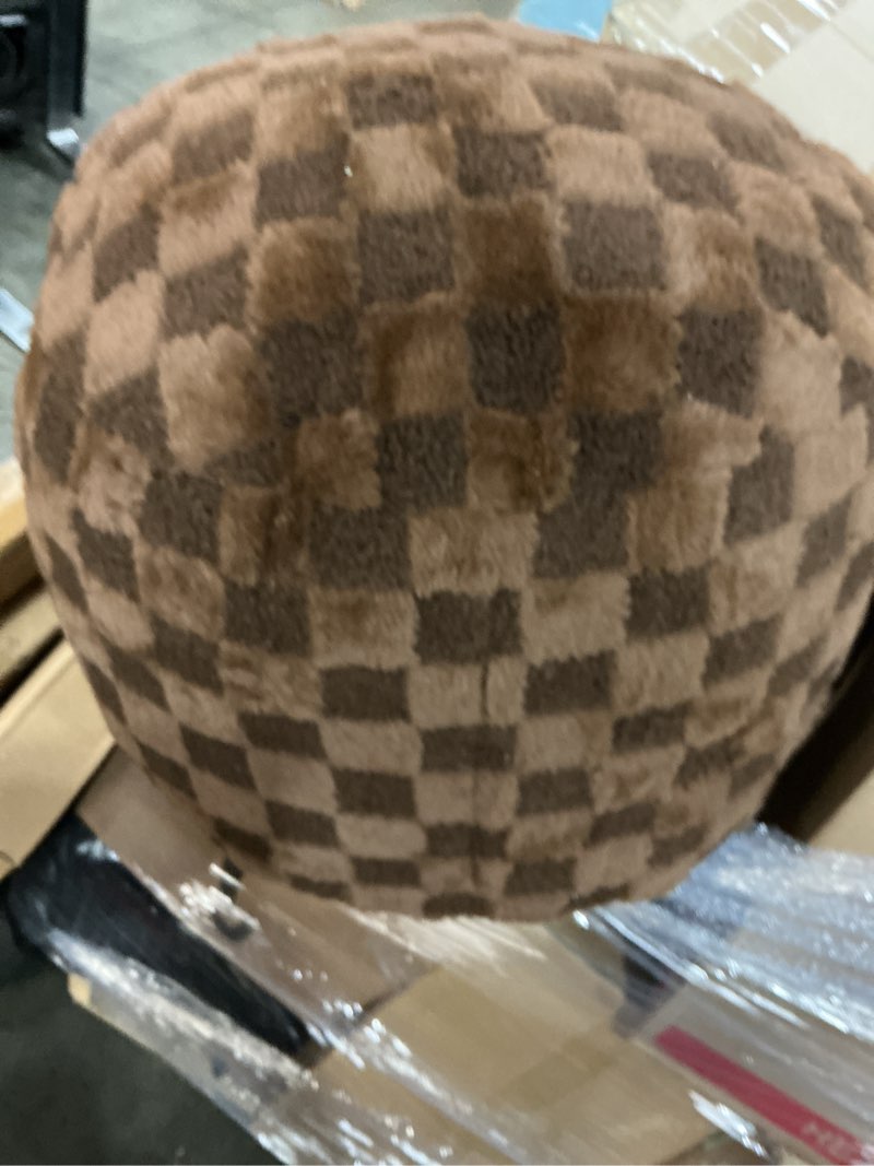 Condition photo showing Good Condition for HIGOGOGO Round Stuffed Pouf Ottoman, Plaid Poufs with Foam Chunk Filling, Fluffy and Furry Pouf Foot Stool Storage Ottoman, 20 X 15 Floor Poufs Foot Rest for Living Room, Coffee 20 inch Plaid Coffee