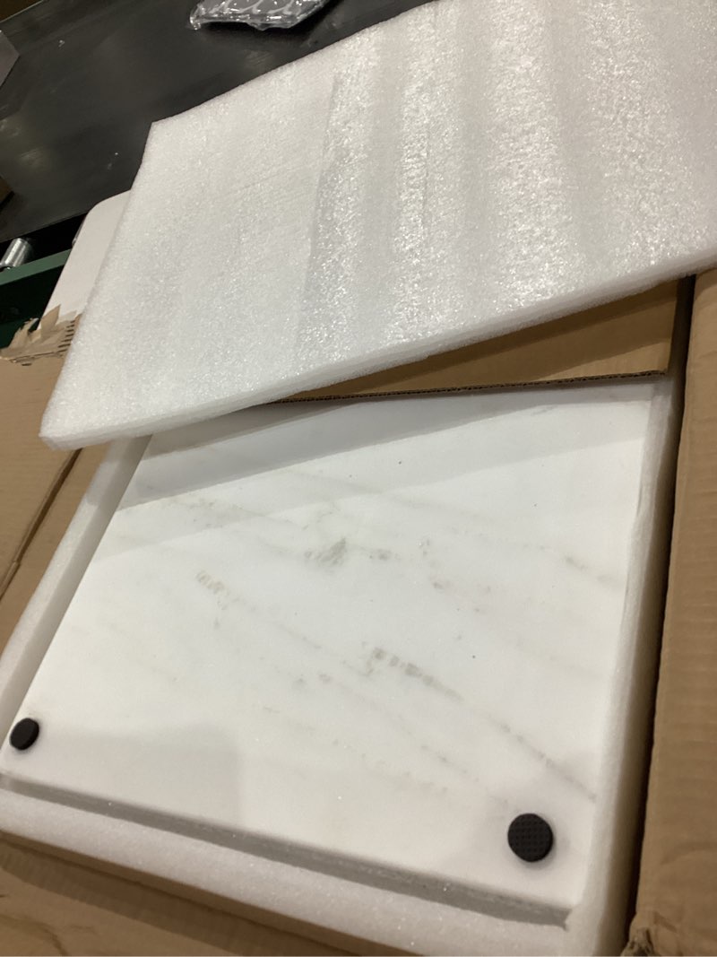 Condition photo showing Good Condition for Diflart Natural Marble Stone Cutting Board for Kitchen, 16x20 Inch, White with Gold Veins, Marble Slab Pastry Board Large with Non-Slip Feet for Baking, Cheese, Charcuterie, Chocolate, Pack of 1 Pcs 20"L x 16"W White with Gold Veins