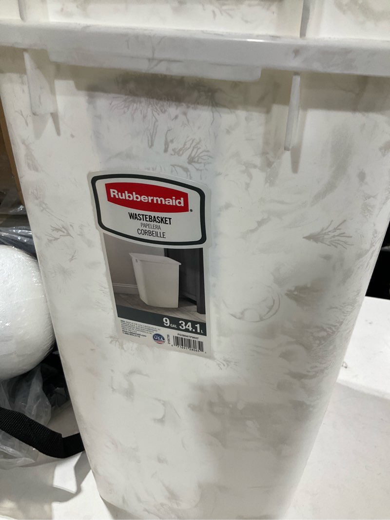 Condition photo showing As Is for rubbermaid small kitchen bathroom trash can, 9 gallons, white, waste basket for under counter/kitchen/office/bedroom/bathroom