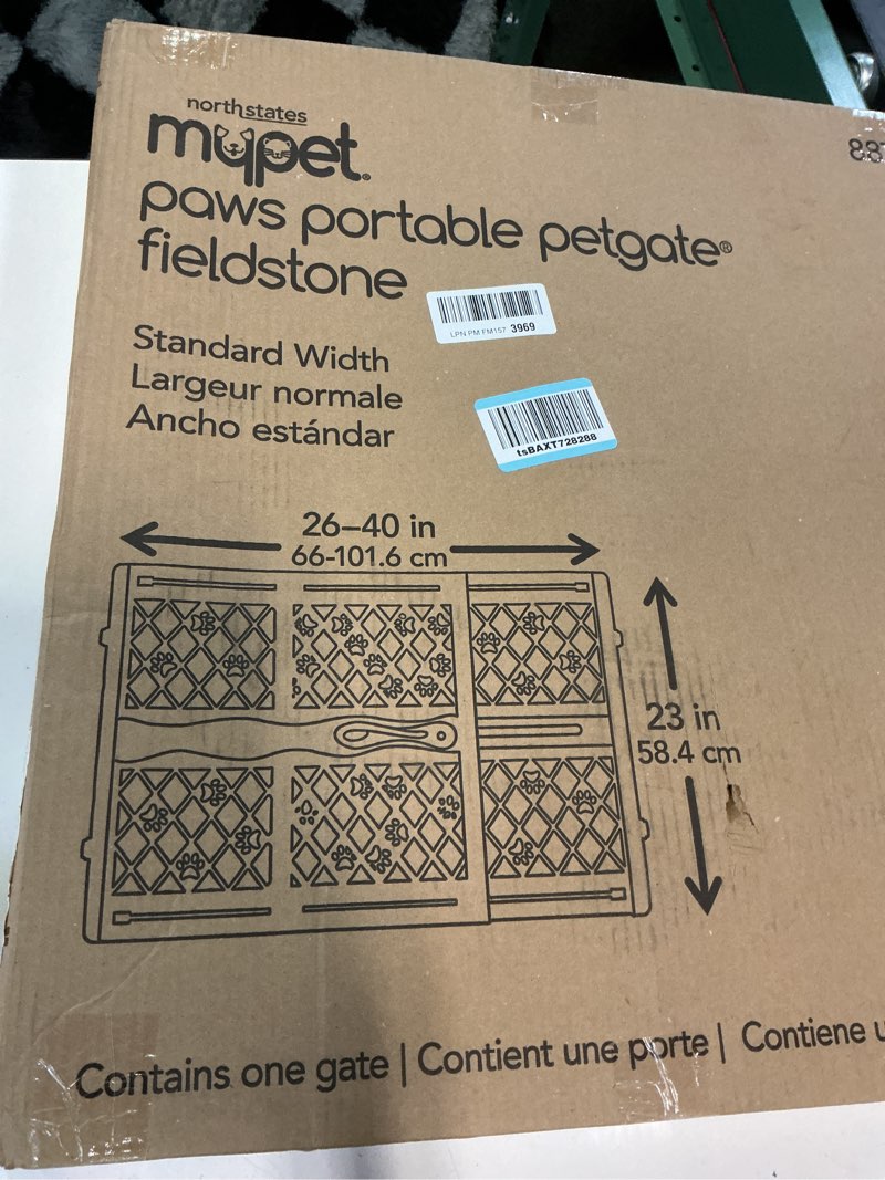 Condition photo showing New/Like New for mypet north states paws portable pet gate: 26-40" wide. pressure mount. no tools needed. made in usa, 23" tall, expandable, durable dog gates for doorways, fieldstone gray
