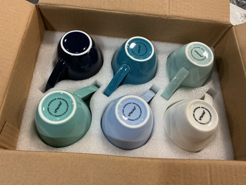 Condition photo showing New/Like New for porcelain coffee mugs set of 6, 13 ounce coffee cups with handle, ceramic tea mugs for latte, hot tea, cappuccino, mocha, cocoa, blue assorted colors mug gift set, dishwasher and microwave safe assorted blue