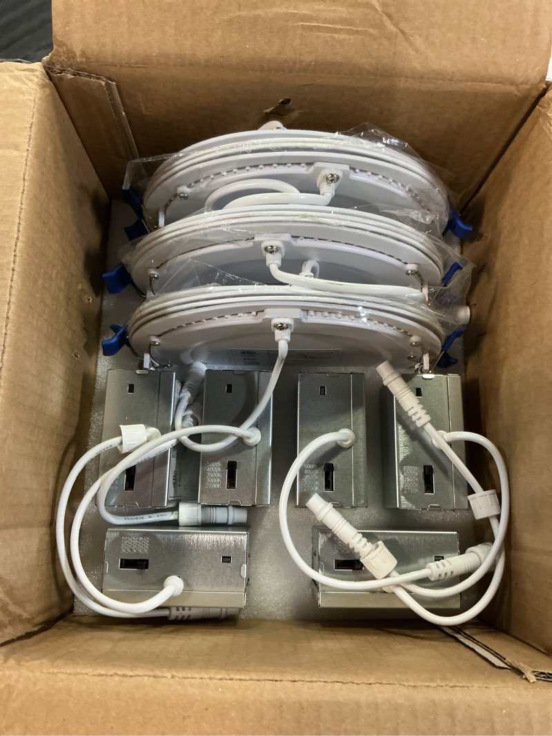 Condition photo showing Good Condition for ensenior 6 pack 6 inch led recessed light, dimmable, 2700k-5000k 5cct, 1200lm high brightness, 12w 120v, damp rated, erl-12x-etl, ultra-thin canless wafer ceiling light - etl & fcc & ic 6 inch 2700/3000/3500/4000/5000k - 5cct white