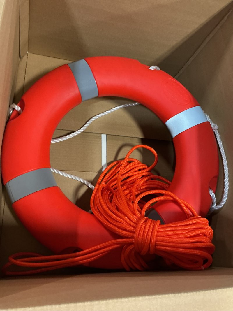 Condition photo showing Good Condition for life ring buoy boat safety throw ring with water floating lifesaving rope 98.4ft set, outdoor professional throwable flotation device 23"