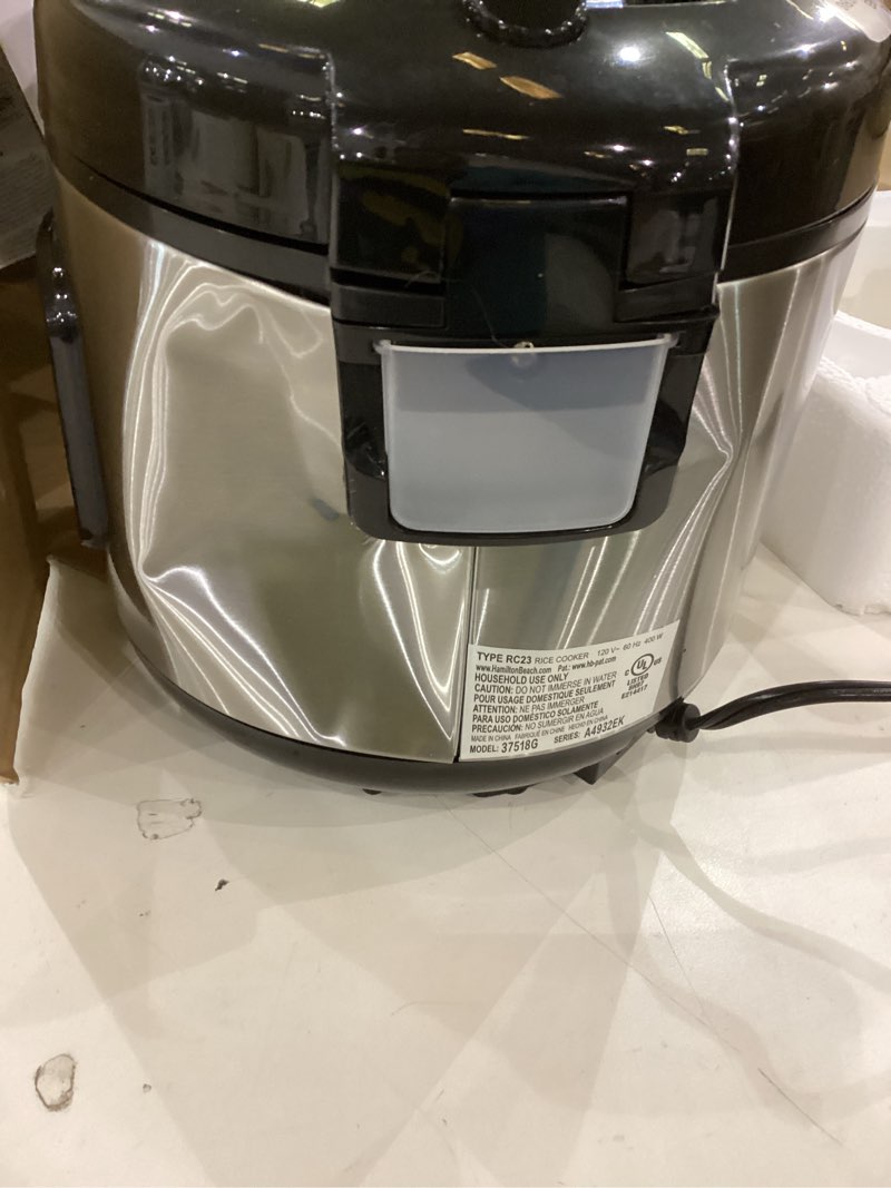 Condition photo showing As Is for Hamilton Beach Digital Programmable Rice Cooker & Food Steamer  8 Cups Cooked (4 Uncooked)  With Steam & Rinse Basket  Stainless Steel (New Open Box)
