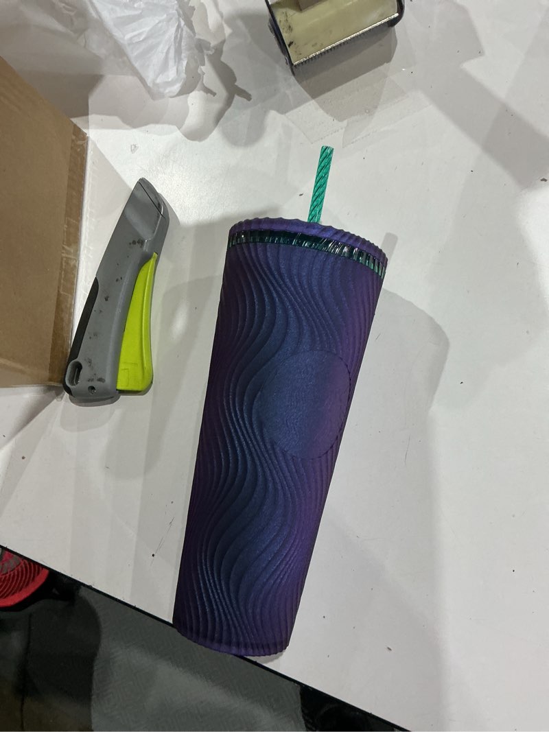 Condition photo showing New/Like New for starbucks wavy plastic cold cup, 24 oz, reusable tumbler with straw and lid, textured wave design, bpa-free, purple with embossed siren logo