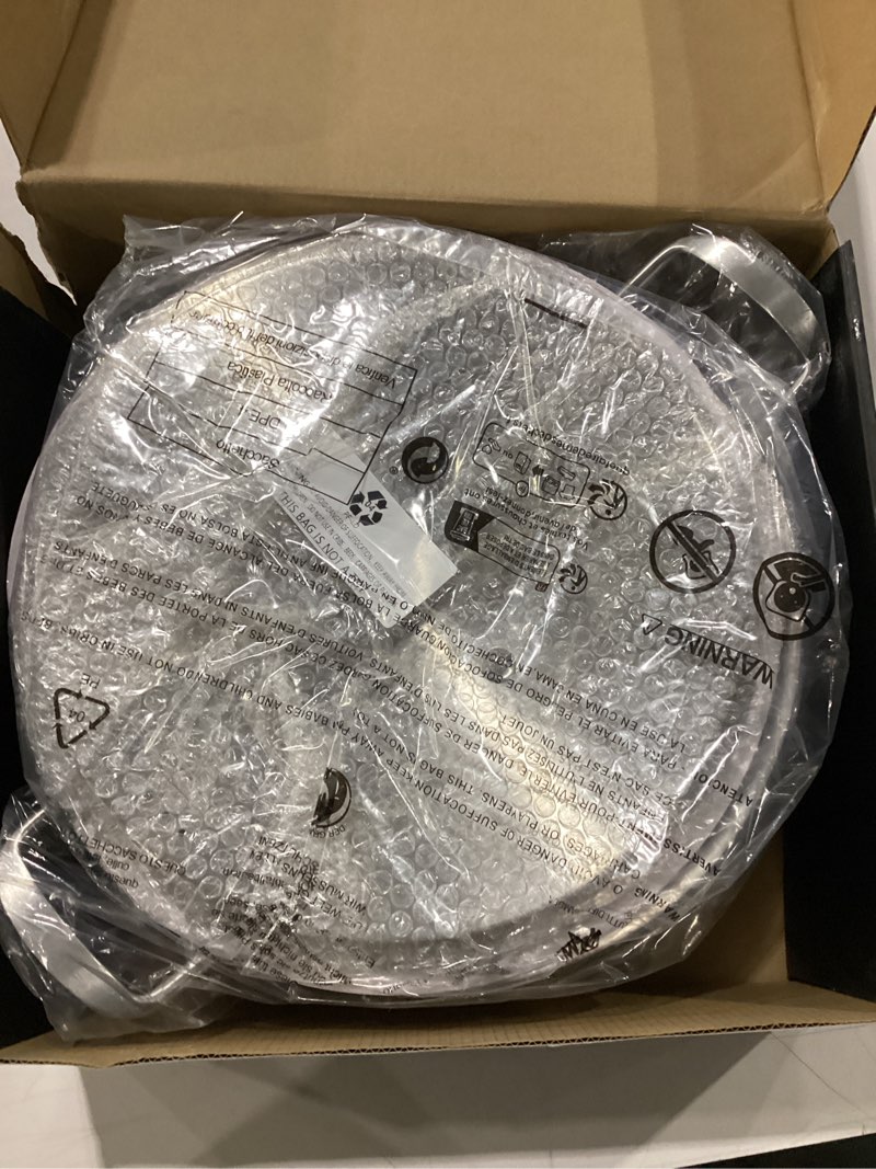 Condition photo showing New/Like New for saute pan, 7 quart tri-ply stainless steel saute pan, 12inch deep frying pan with lid, saute skillet, rondeau pot with lid compatible with all cooktops up to 600? stainless steel 7qt-two ears