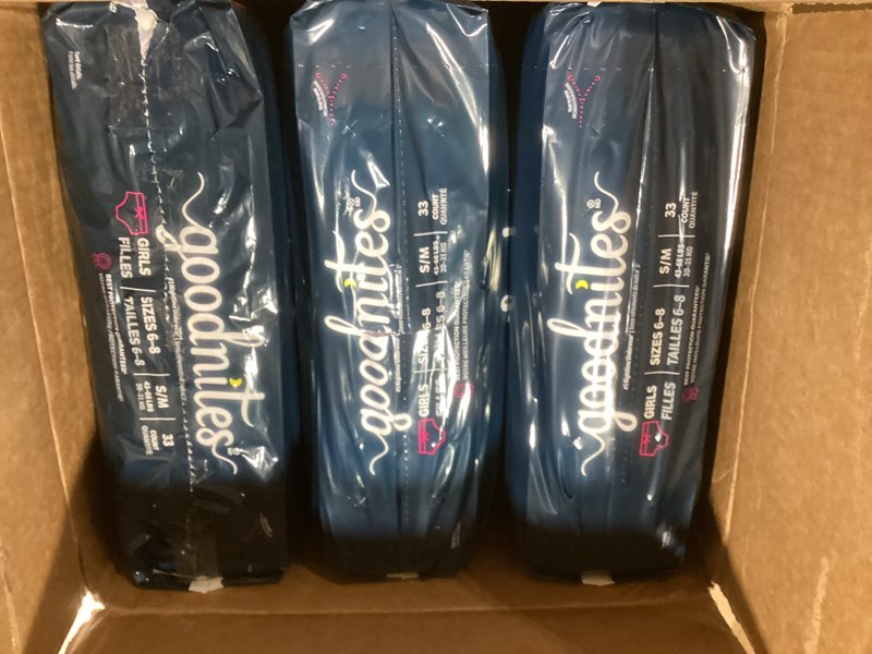 Condition photo showing New/Like New for Goodnites Girls' Bedwetting Underwear, Size S/M (43-68 lbs), 99 Ct (3 Packs of 33), Packaging May Vary Small/Medium 99