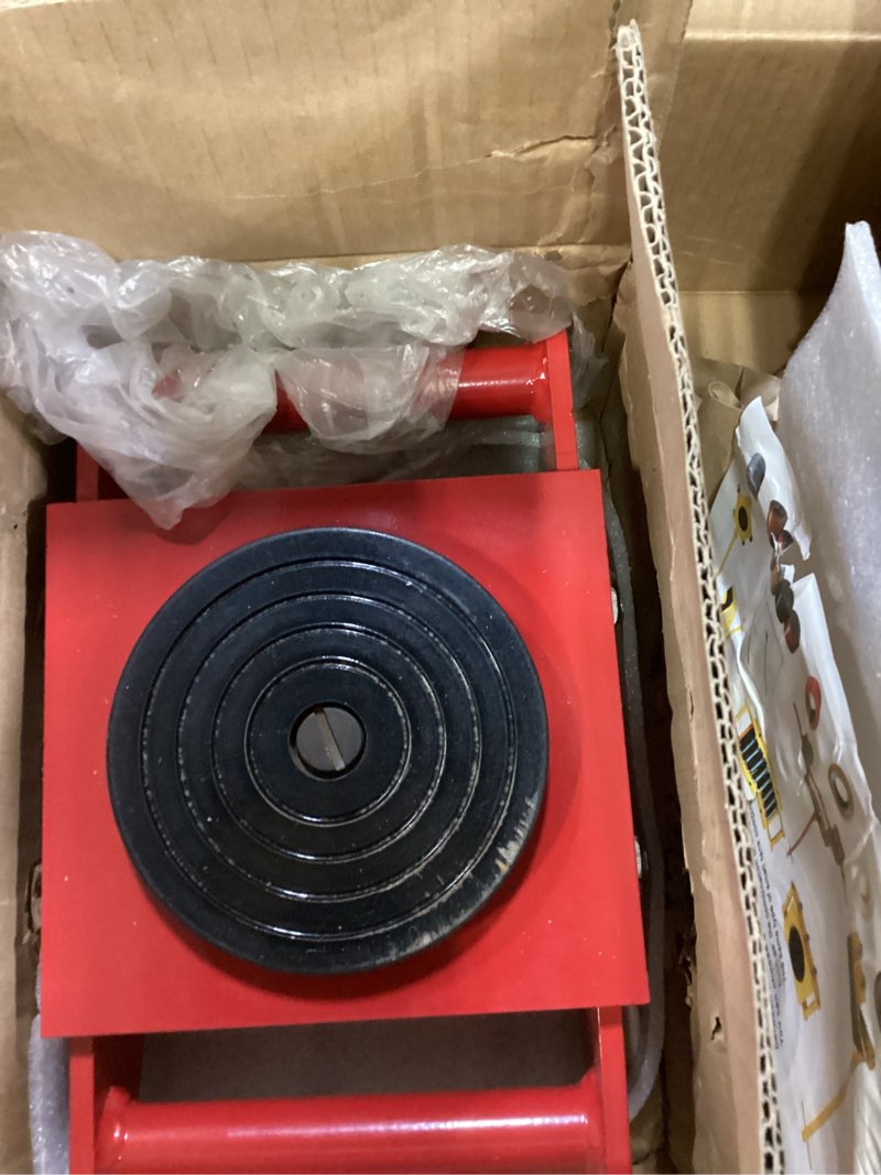 Condition photo showing As Is for FAHKNS Machinery Mover 6T 13200LB Capacity Machinery Skate 4 Wheels Dolly Skate Roller with 360 Degree Rotation Cap for Warehouse Workshop Factory, Red