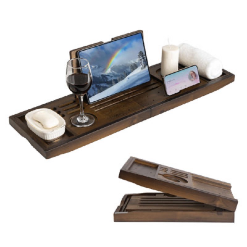 FLYJOE Wood Bathtub Tray Table - Foldable Bath Tray for Tub with Expandable Handles, Wine Glass & Ph