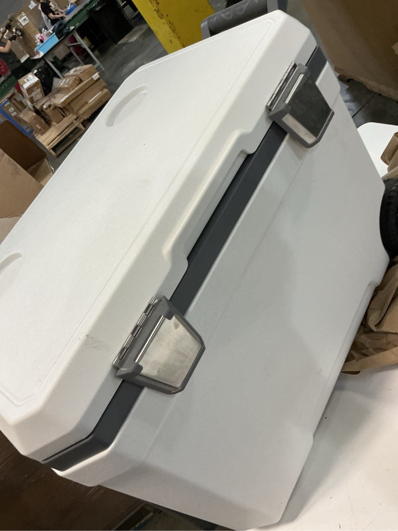 Condition photo showing As Is for skyshalo portable cooler, 45 qt. wheeled cooler with ice retention, handles and cup holder, lightweight rigid material insulated
