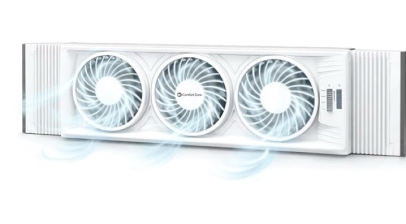 comfort zone triple window fan with adjustable thermostat | 3-speed high-velocity cooling | horizontal or vertical manual control | fits double hung windows (min 25" x 8") | fully assembled | white