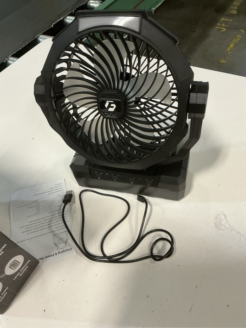 Condition photo showing As Is for frizcol 3-in-1 camping fan - portable fans rechargeable - 24000mah battery powered fan with light & remote for indoor, outdoor, tent, travel, fishing, jobsite, gifts for men dad him - black 24000mah internal black