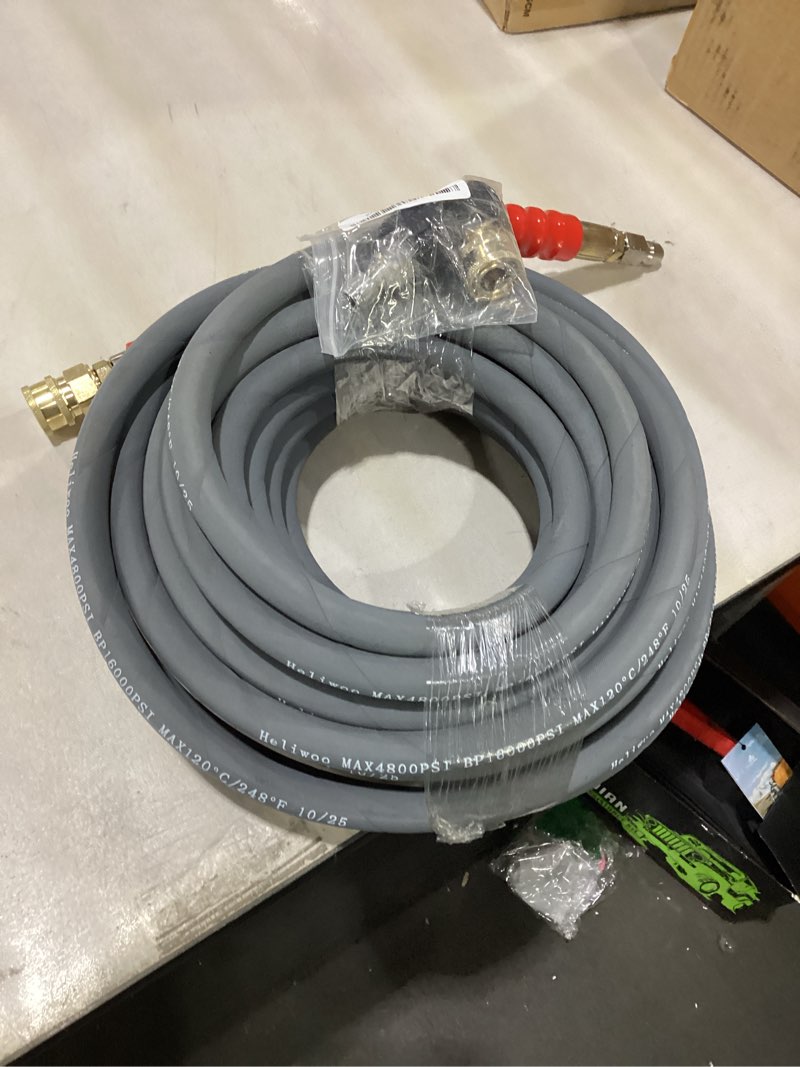 Condition photo showing Good Condition for 3/8'' Pressure Washer Hose 50 FT, Hot and Cold Water Power Washer Hose Max 248°F, Commercial Industrial Grade Steel Wire Braided Kink Proof Extension Hose with 3/8 Quick Connect 4800 PSI 3/8‘’ 50ft