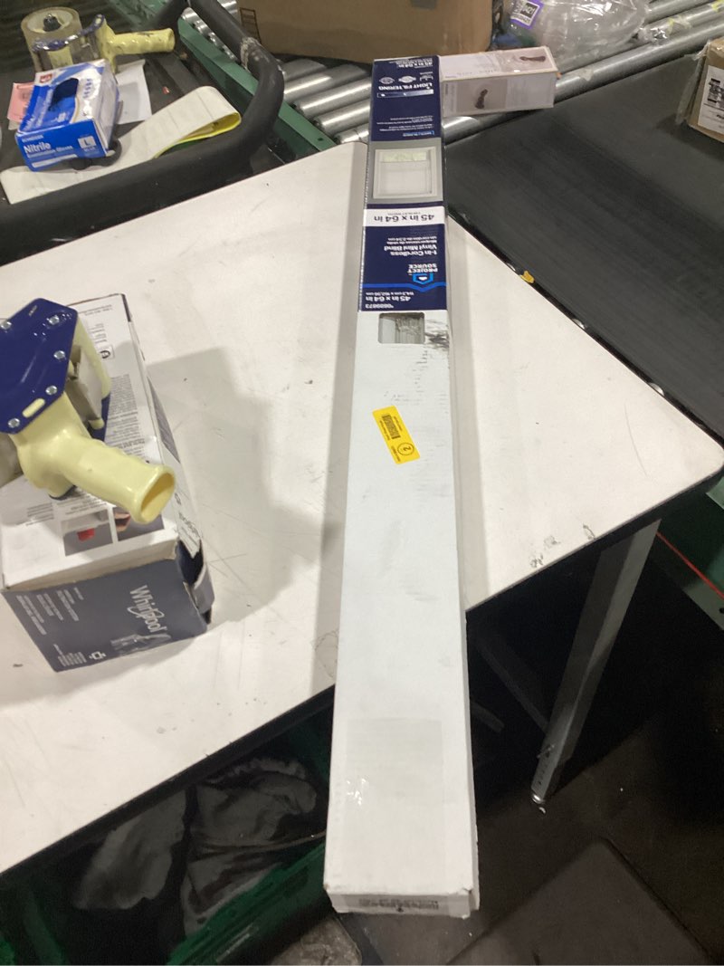 Condition photo showing As Is for Project Source 1-in Slat Width 45-in x 64-in Cordless White Vinyl Light filtering Mini-blinds