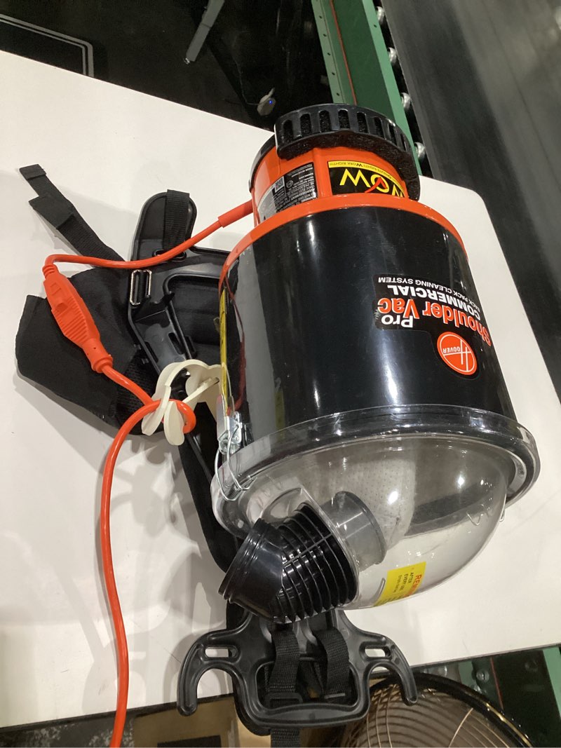 Condition photo showing Good Condition for (USED, NOT TESTED) Hoover Commercial Shoulder Vac Pro Backpack Bagged Vacuum Cleaner, with HEPA Media Filter, Lightweight with Extra Long Cord, Chiropractic Design, for Carpet and Hard Floors, C2401, Black