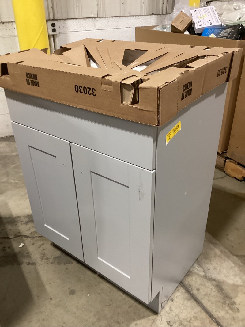 Condition photo showing As Is for reliabilt fairplay 36-in w x 34.5-in h x 24-in d white sink base ready to assemble (rta) plywood cabinet (similar item)
