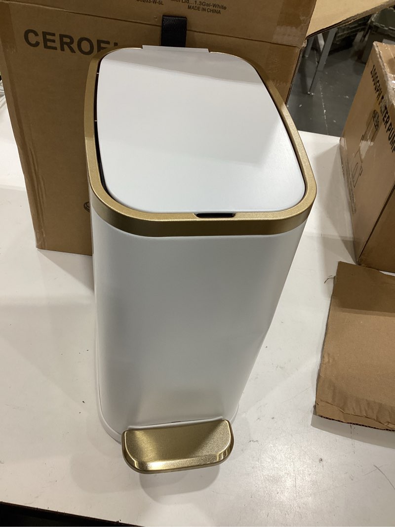 Condition photo showing Good Condition for ceroelda small bathroom trash can with lid soft close-5l/1.3 gal stainless steel garbage can-step pedal wastebasket slim trash bin for office, bedroom, toilet, live room-white white 1.3 gallon