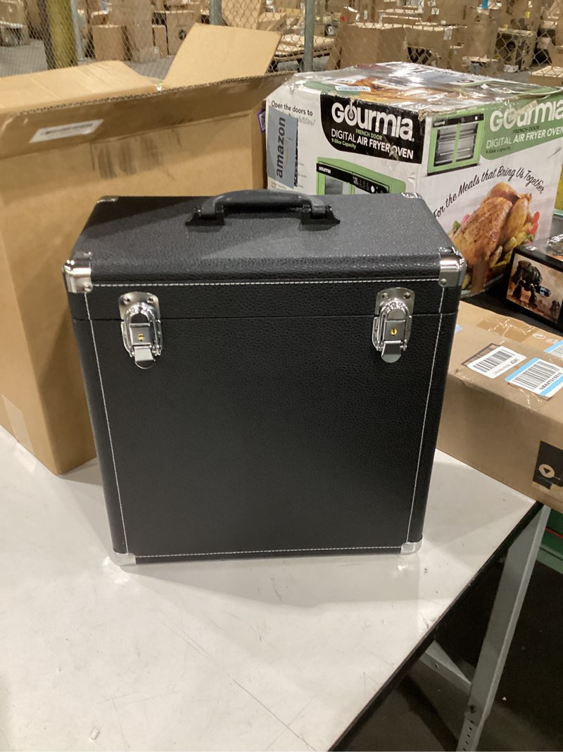 Condition photo showing Good Condition for hododou vinyl record storage box with lock record organizer storage for 30+ single records 12-inch water resistant collapsible storage crate with lid handle mesh pouch for valuable album collection black