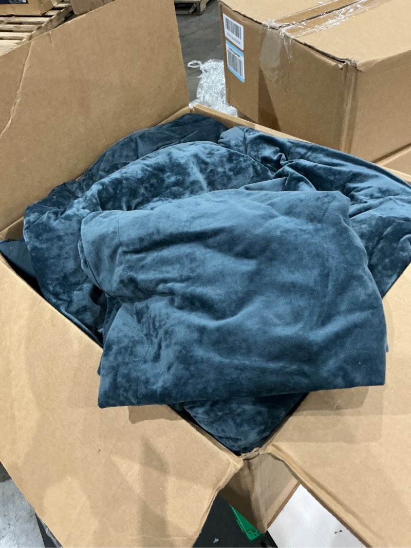 Condition photo showing As Is for fredsure distressed velvet comforter set, 5 pieces smoke blue queen, distressed velvet face and brushed microfiber reverse