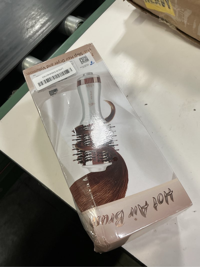 Condition photo showing New/Like New for travel blow dryer brush in one, dual voltage 120v-240v mini hot air brush, hair trends nano titanium 2 inch one step hair dryer and styler volumizer oval shape 50 mm white & rose gold