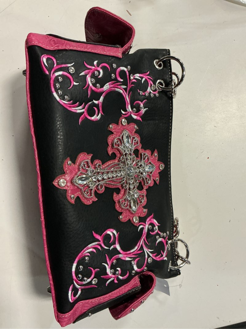 Condition photo showing New/Like New for rhinestone cross concealed carry purse western shoulder bag