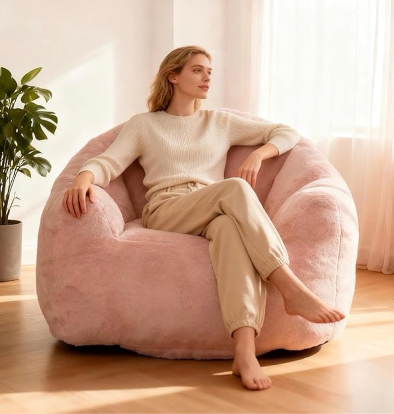 linkromat bean bag chair, giant beanbag chiar for adults and teens, faux fur shell-shaped floor sofa