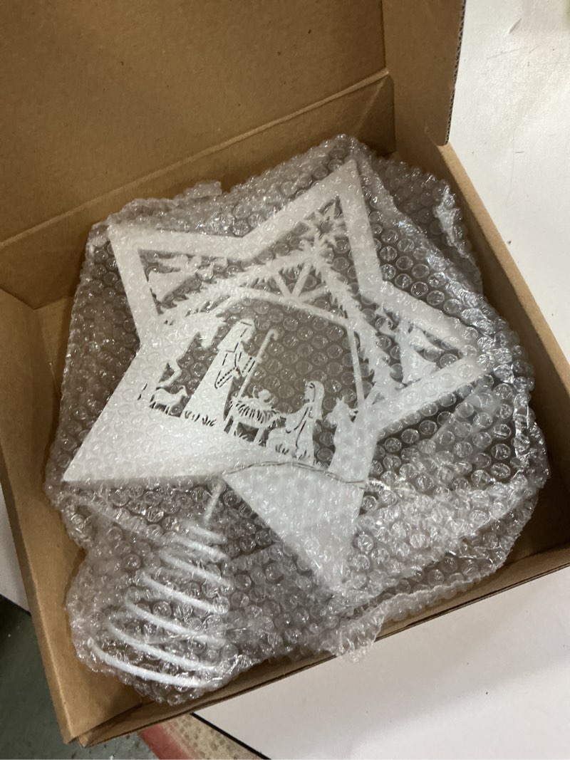 Condition photo showing New/Like New for Christmas Tree Topper Star Nativity 7.87 x 9.25 inches Wooden Xmas Tree Top Star with 3 Modes LED Light Treetop Decoration for Christmas Bar Shop Office Home Decor (White)