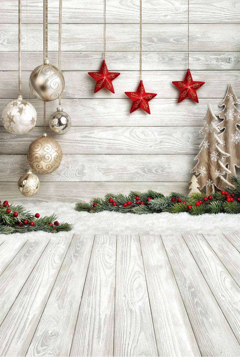 SJOLOON Christmas Backdrop Balls White Wood Floor Photography Backdrop Christmas Backdrops for Photo