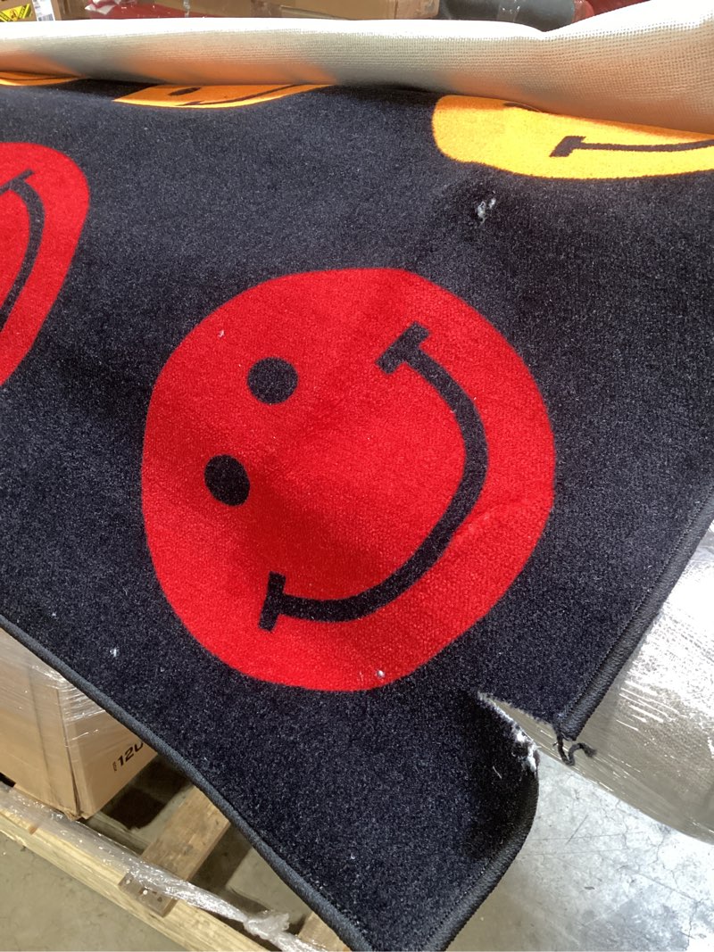 Condition photo showing As Is for flagship carpets rainbow smileys in black criss-cross applesauce educational area rug for kids room, children's classroom for teaching & playroom, 7'6" x 12', black & multi, seats 28 7'6" x 12' (rectangular) black & multi