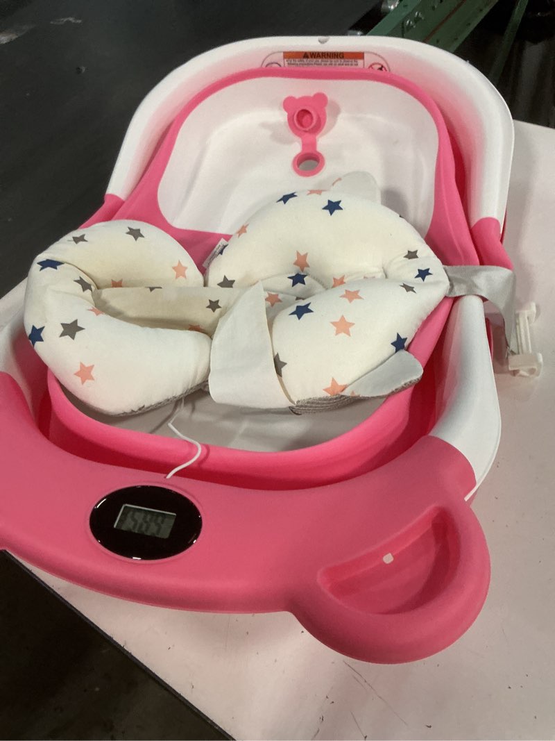 Condition photo showing Good Condition for MoreFeel Collapsible Baby Bathtub for Newborn with Thermometer & 1 Hooded Towel & 1 Soft Floating Cushion,Portable Travel Bathtub with Drain Hole, Durable Foldable Baby Tubs for Infants to Toddler Bear like Pink