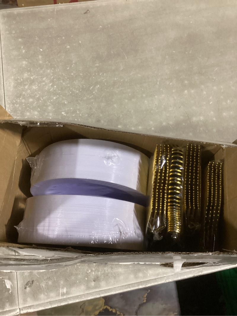 Condition photo showing New/Like New for WELLIFE 100PCS White Plastic Dessert Plates and 100PCS Gold Disposable Forks, Premium Hard Dessert Plate 7.5”, Appetizer Plastic Plates for Party and Wedding Gold 100PCS(7.5inch)+100PCS Forks