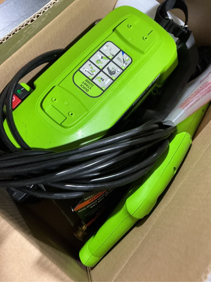 Condition photo showing As Is for greenworks 1800-psi 1.2-gpm cold water electric pressure washer with 2 spray tips