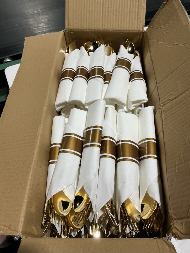Condition photo showing Good Condition for supernal 120pack gold plastic silverware wrapped plastic cutlery set with napkin,pre rolled napkins with cutlery set,rolled silverware disposable for valentine's day mother's day and easter 120 pack gold