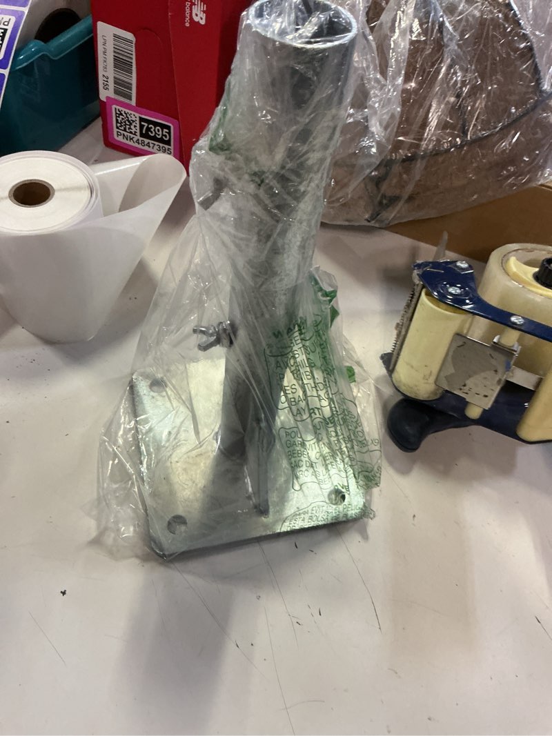 Condition photo showing As Is for heavy duty steel pipe ground anchor base, for umbrella, flag pole, mailbox post, fence post, etc - rust-resistant mount for patio, deck, concrete (bolts not included) (1, height 11.8'') height 11.8'' 1