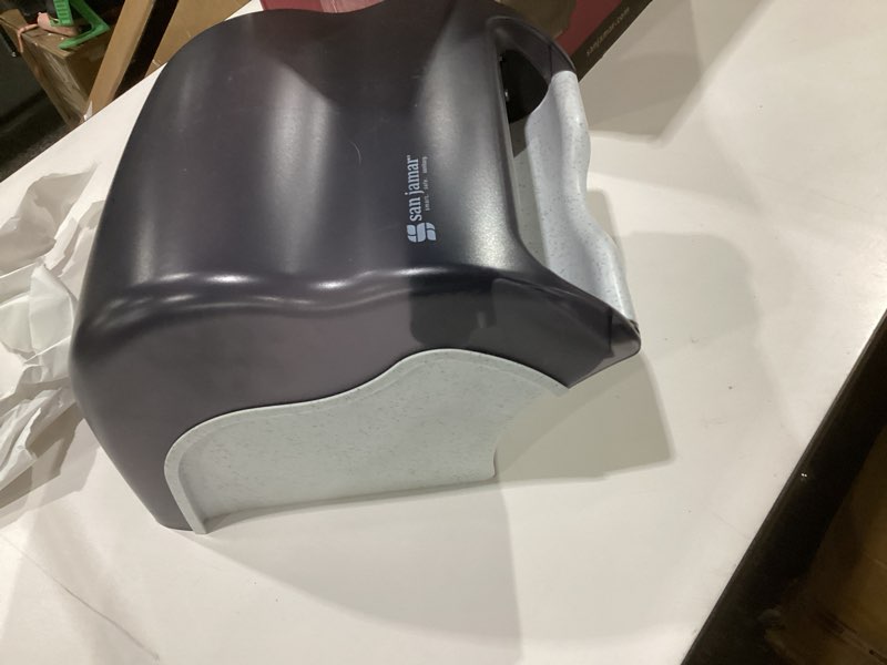 Condition photo showing As Is for san jamar classic element paper towel dispenser wall-mounted commercial roll dispenser, fits all core sizes with lever for bathroom, kitchens, and restaurants, plastic, universal paper, black pearl