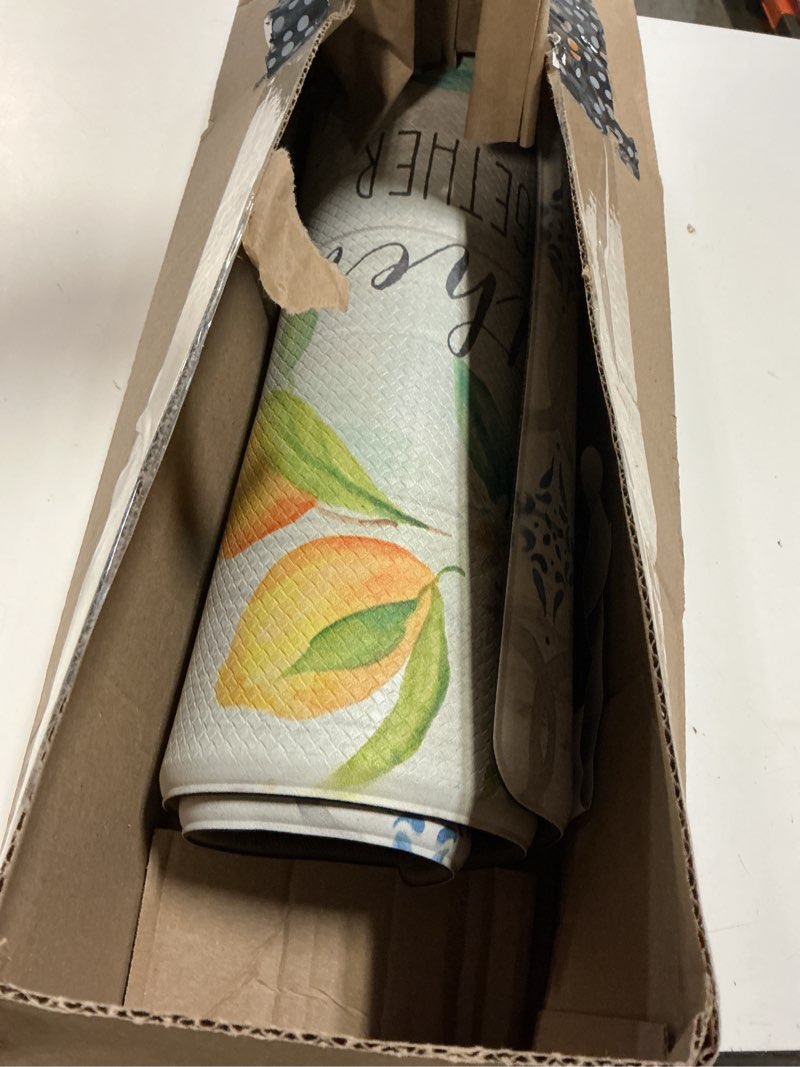 Condition photo showing As Is for sohome cozy living anti-fatigue kitchen mat for floor, farmhouse cushioned kitchen runner rug, non slip, easy wipe clean, 1/2 inch thick kitchen mats, 20" x 36", lemon wreath gather 20"l x 20"w x 0.5"th