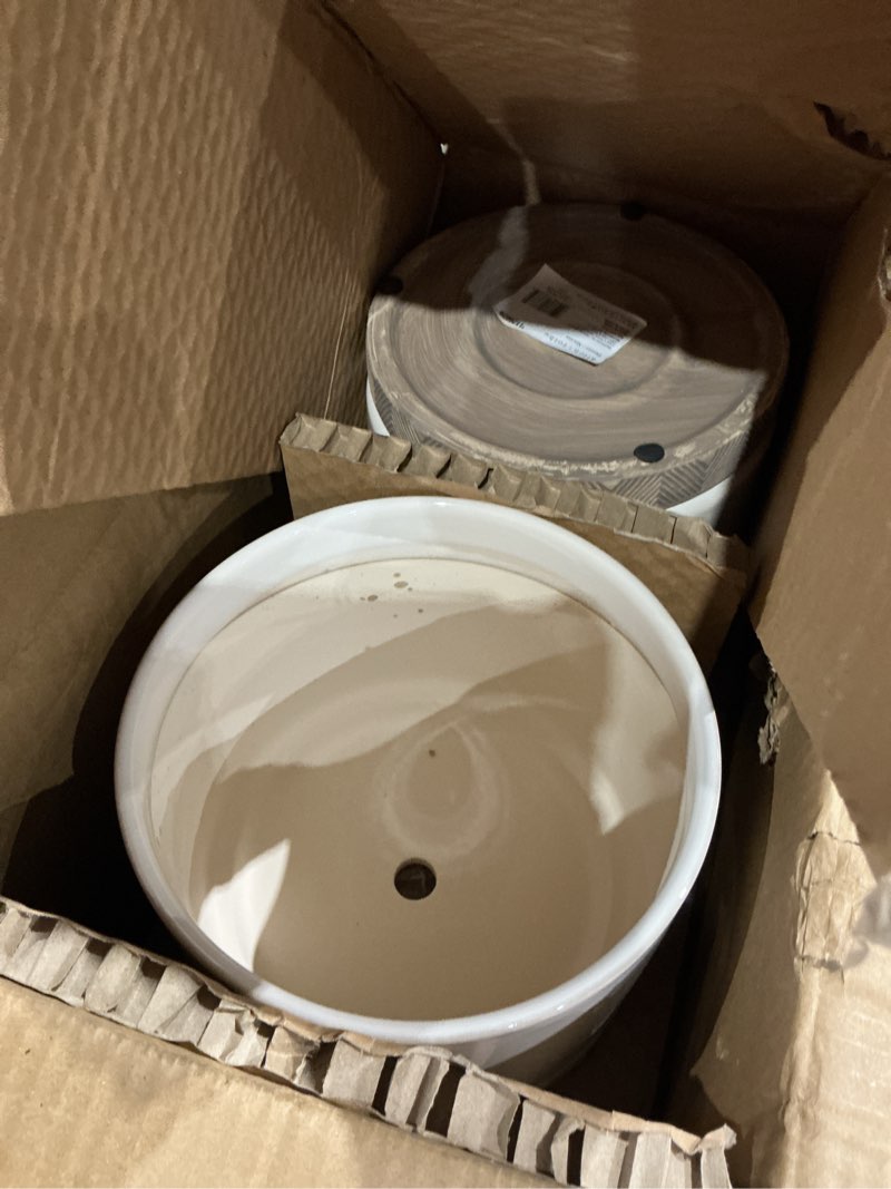 Condition photo showing As Is for allen + roth round 7.99-in w x 11.88-in l x 6.69-in h white ceramic indoor planter attached saucer