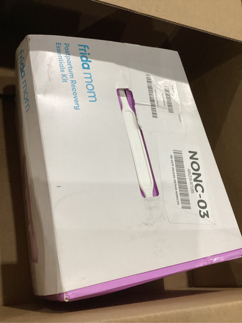 Condition photo showing As Is for frida mom 11pc postpartum essentials kit gift set, hospital bag must haves for new mom, includes 4 disposable postpartum underwear, 4 ice maxi pads, perineal healing foam & 24 pad liners & peri bottle postpartum kit